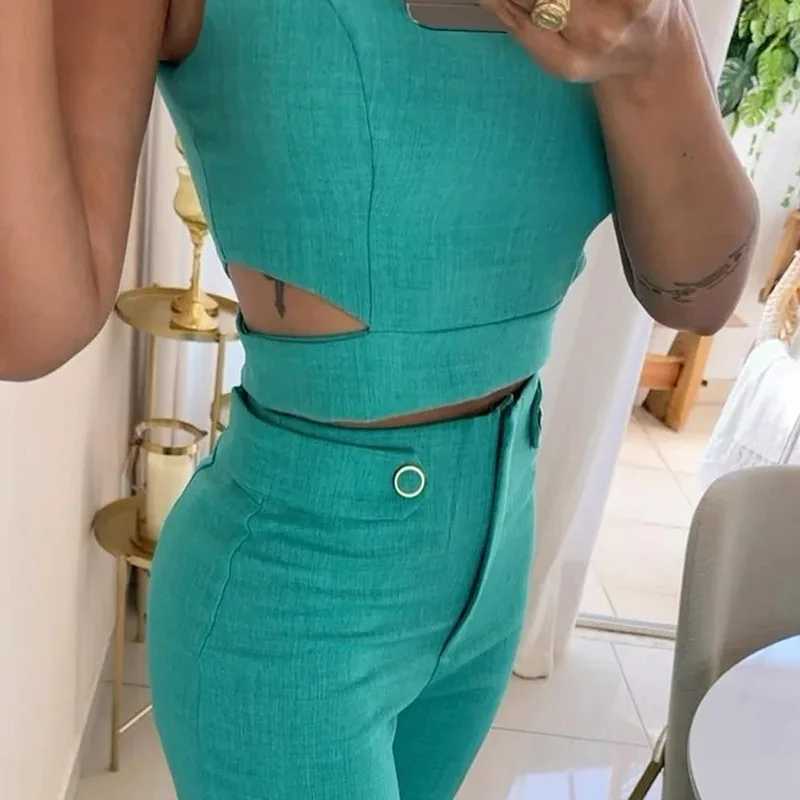 Two Piece Sets Women Splice Tops Slveless Button Pants Set Slim Fit Casual Straight Trousers Solid Office Lady Spring X250704