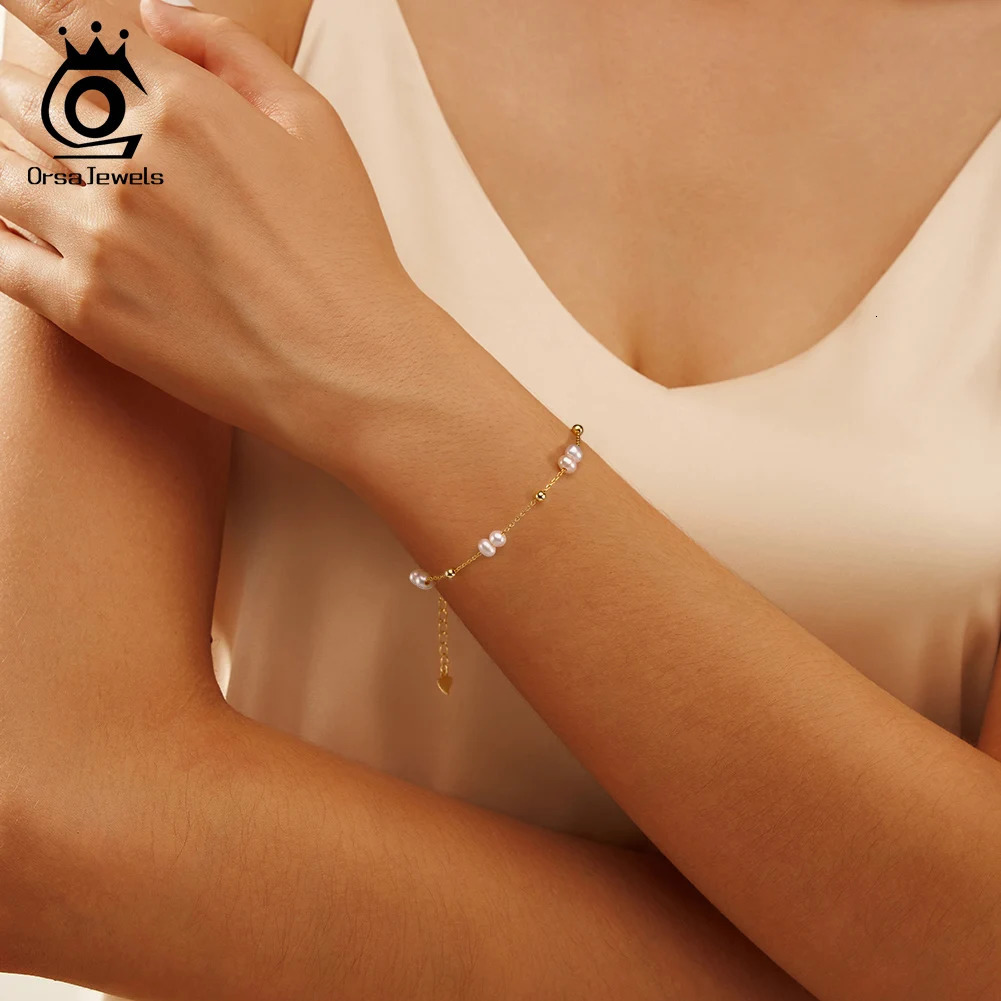 ORSA JEWELS 925 Sterling Silver Pearls Chain Bracelet Vinatge 14K Gold Pearl Beads Bracelet on Hand Female Party Jewelry GPB40 250628