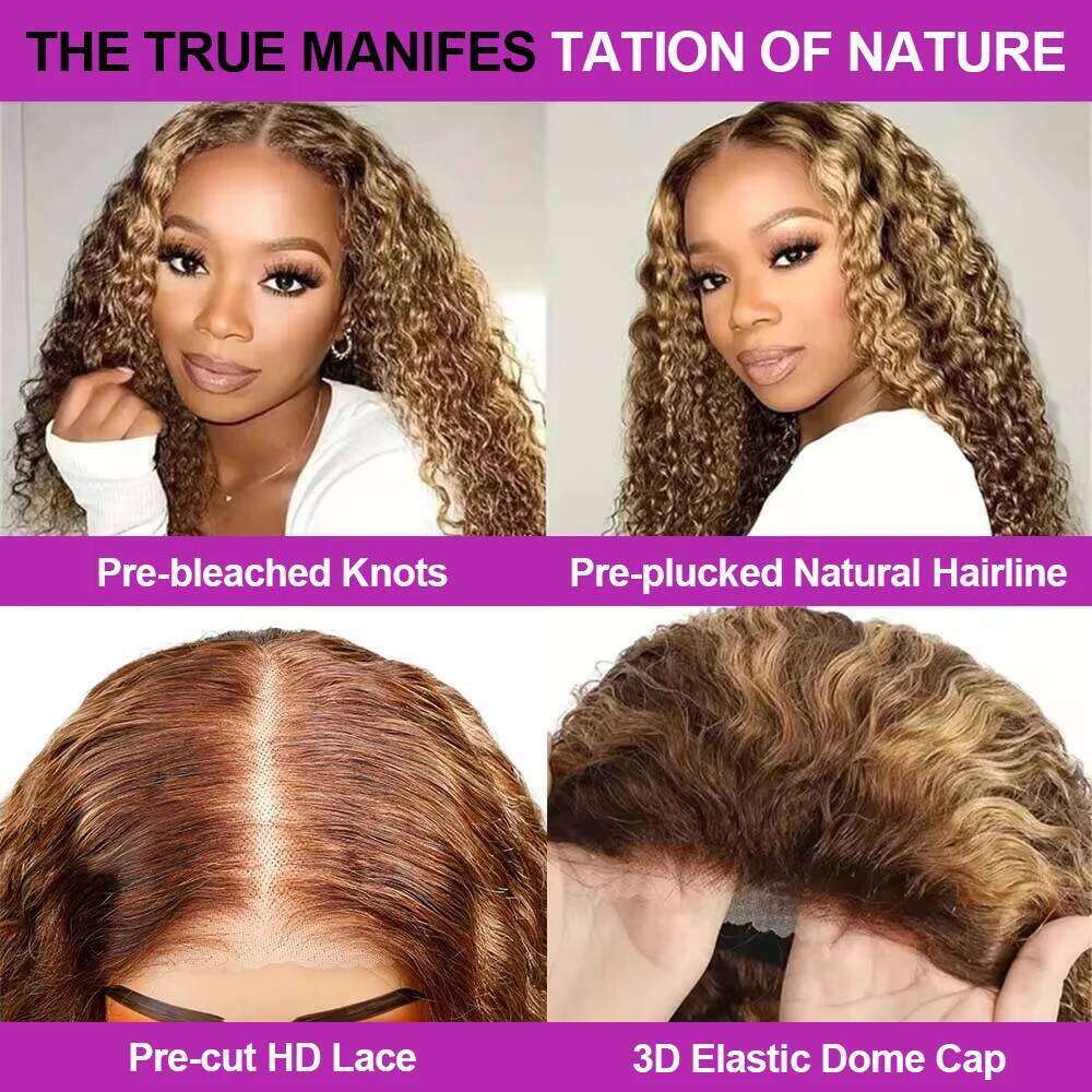 Highlight Ombre 13x4 Ready To Wear Honey Colored 7x5 Deep Wave Glueless Wig Pre Cut Curly Human Hair Wigs