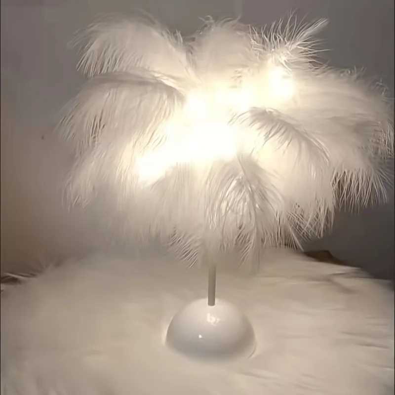 LED Feather Table Lamp Warm White Light Tree Feather Night Light Girl LED Wedding Decorative Lights Birthday Gift Home Decor NewXJ250703