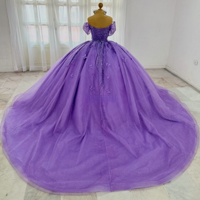 Lavender Shiny Quinceanera Dresses Ball Gown Off The Shoulder Beading Crystal Bow Tull Corset Party Birthday Sweet 16 Dres Vestidos 15 Anos