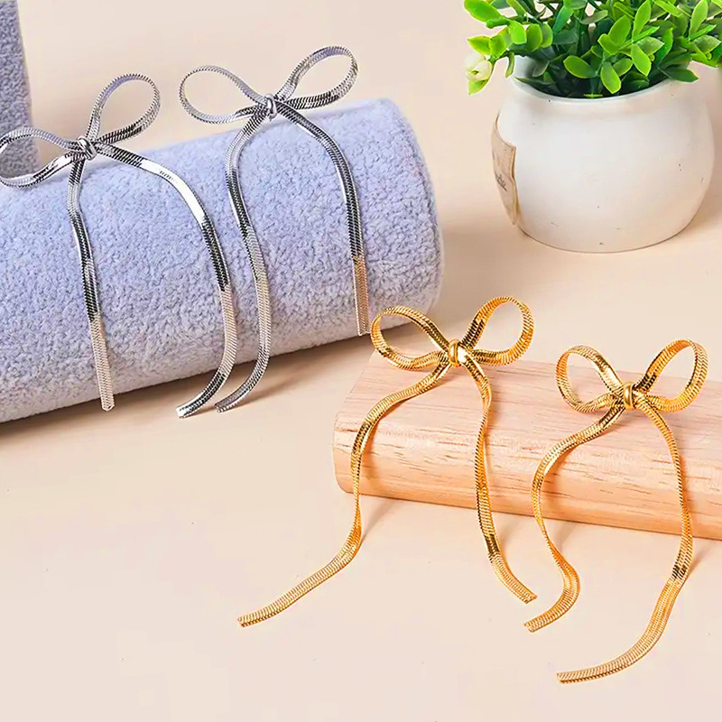 Snake Chain Bowknot Tassel Internet Celebrity Versatile Face Slimming Simple Elegant Earrings Non-Fading