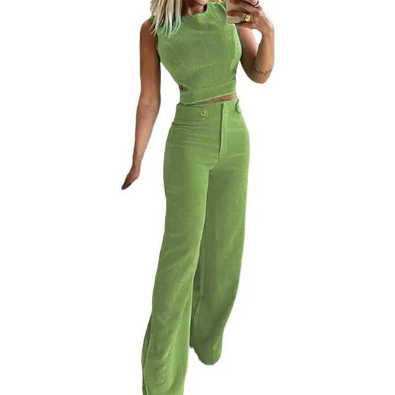 Two Piece Sets Women Splice Tops Slveless Button Pants Set Slim Fit Casual Straight Trousers Solid Office Lady Spring X250704