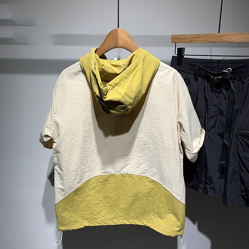 2025 Summer Korean Fashion Color Block Versatile Drawstring Cargo Hooded Top Breathable Drop Shoulder Men's Short Designer Short Sleeves Sleeve T