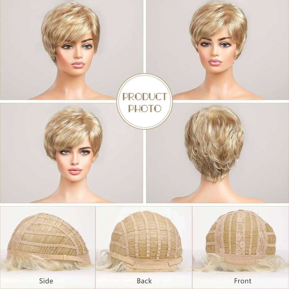 Golden Blonde Kanekalon Like Human Hairs Synthetic Wigs for Women Short Pixie Cut Natural Layered Blend Hair Wig Heat Resistant