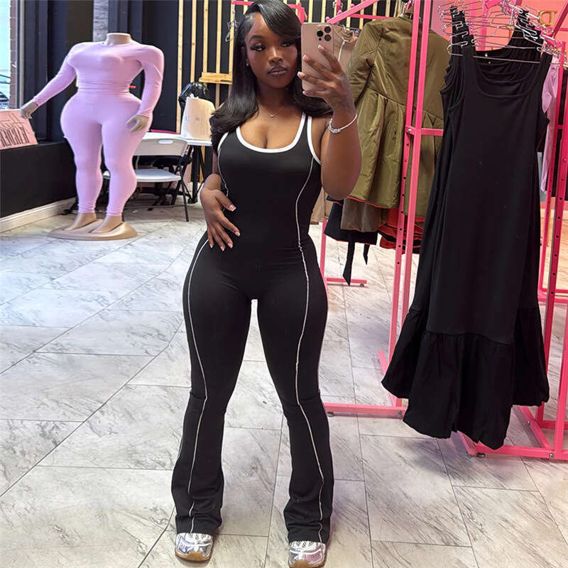 European and American Summer Fashion Backless Slim Fit Color Block Hip-lifting Yoga Casual Jumpsuit for Women 2025 New Elegant Unique Clothing