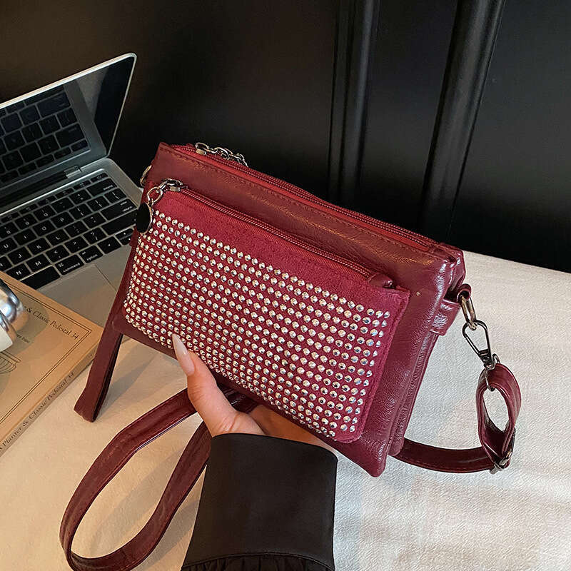 Fashion Rivet Soft Leather Trendy Small Square Multi-layer Women's New Casual Shoulder Crossbody Bag