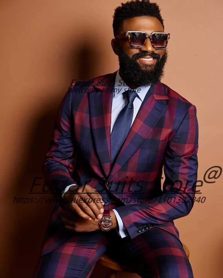 Fashion Plaid Prom Suits For Men Slim Fit Notched Lapel Groom Tuxedos 2 Pieces Sets Male Casual Blazers Handsome Mens Clothing X250704