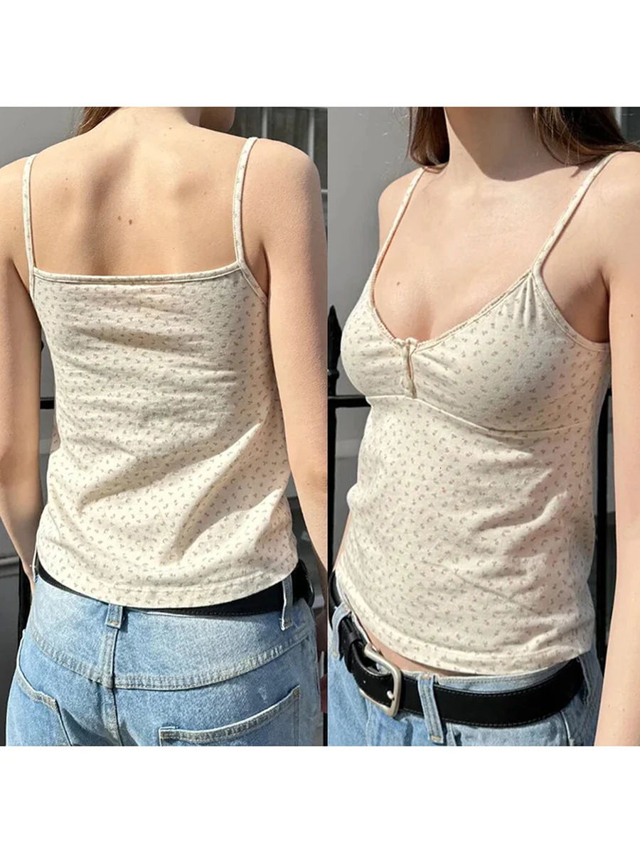 Women s Boho Style Off Shoulder Ruffle Crop Tops Floral Print Summer Sleeveless Button Up Tank with Open Back Detail 250704