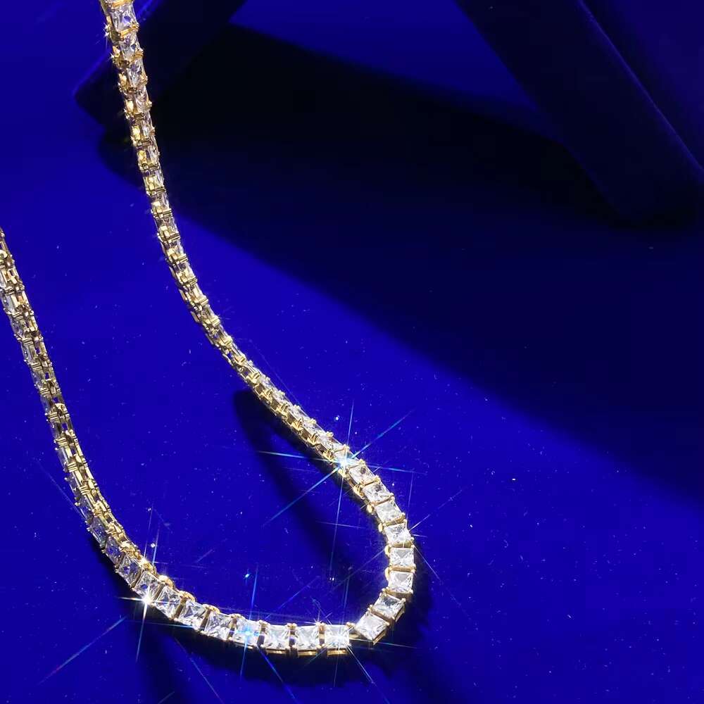 4MM Square Real Sterling Silver Moissanite Cz Diamond 4 Prong Setting Princess Cut Tennis Chain Necklace