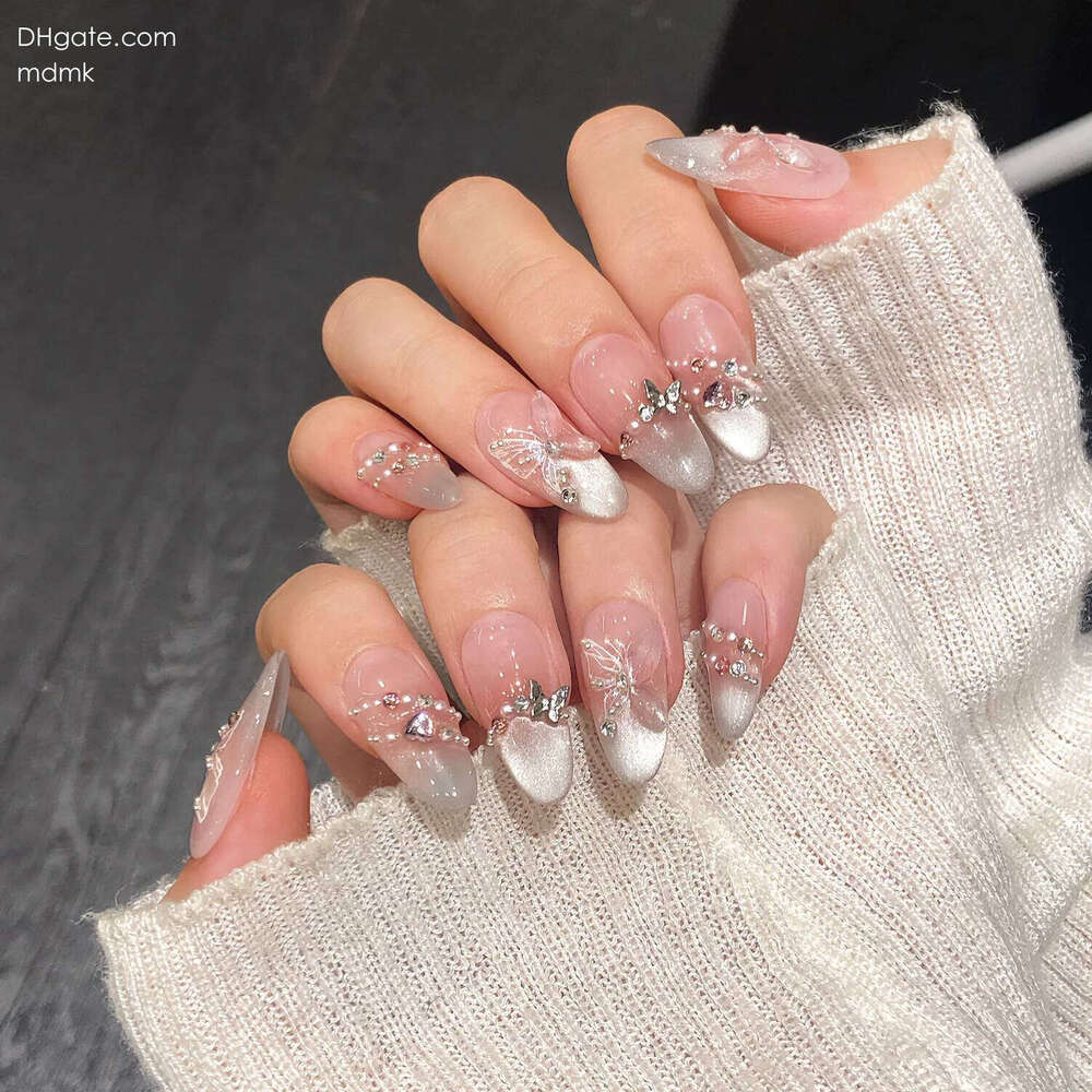 10Pcs Reuse Finished Fake with Butterfly Deisgn Pink Cat's Eye French Handmade Press on False Nails Wearable Nail Art Tips X250704