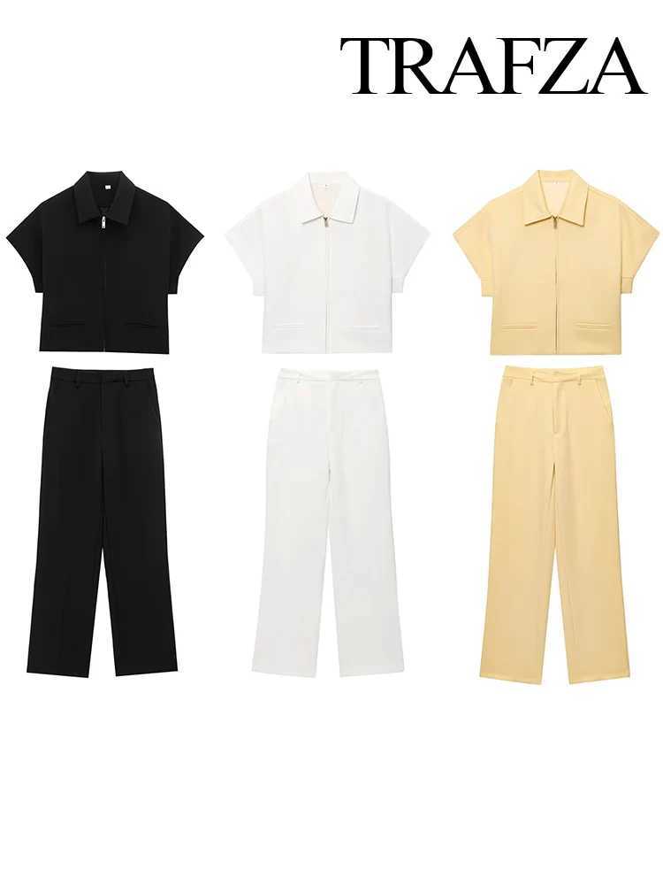 TRAFZA Women Fashion Solid Lapel Loose Zipper Loose Short Slve Top+High-Waist Zipper Side Pocket Wide-leg Casual Pants Suit X250704