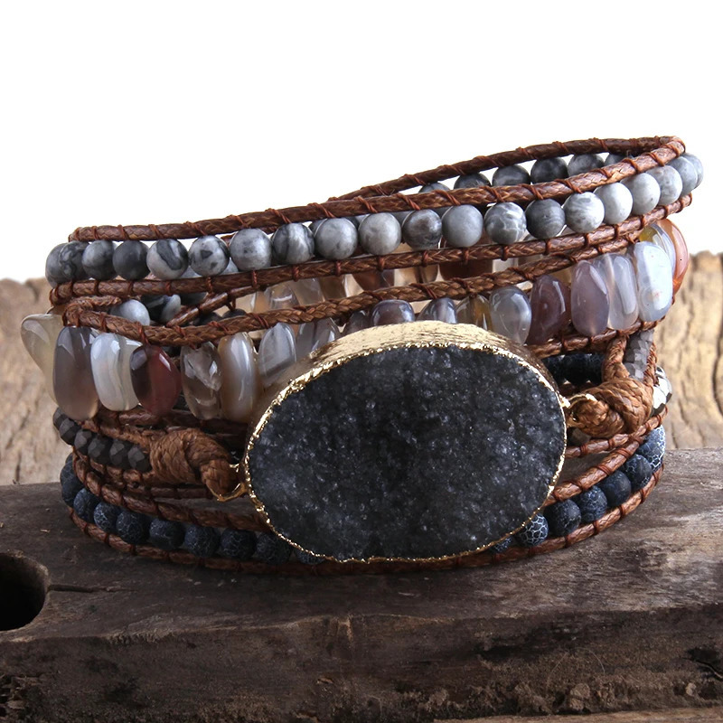 RH Fashion Boho Jewelry Beaded Bracelet Big Druzy Stone Charm 5 Strands Wrap Bracelets 250628