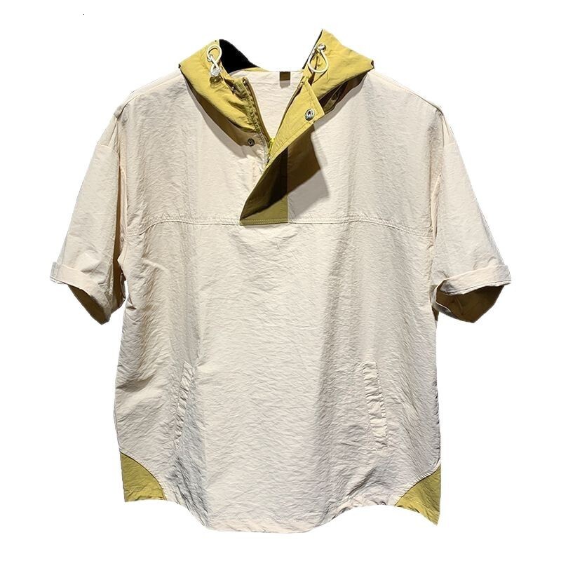 2025 Summer Korean Fashion Color Block Versatile Drawstring Cargo Hooded Top Breathable Drop Shoulder Men's Short Designer Short Sleeves Sleeve T