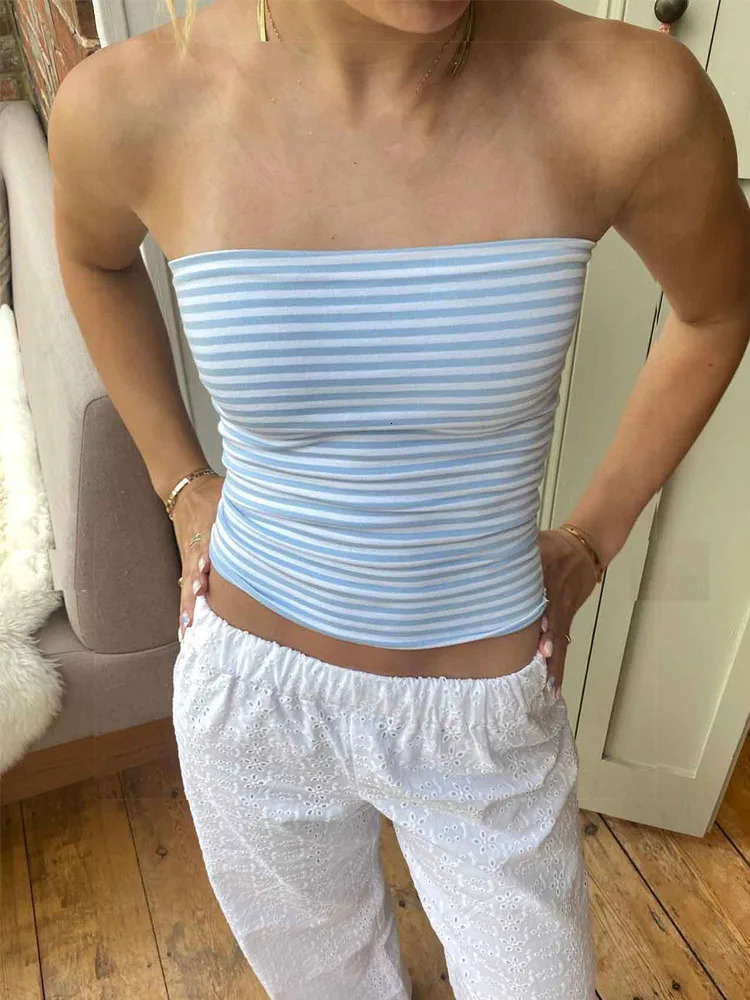 Women Cropped Tube Tops Strapless Off Shoulder Backless Short Tank Summer Party Club StripedSolid Mini Vest 250704