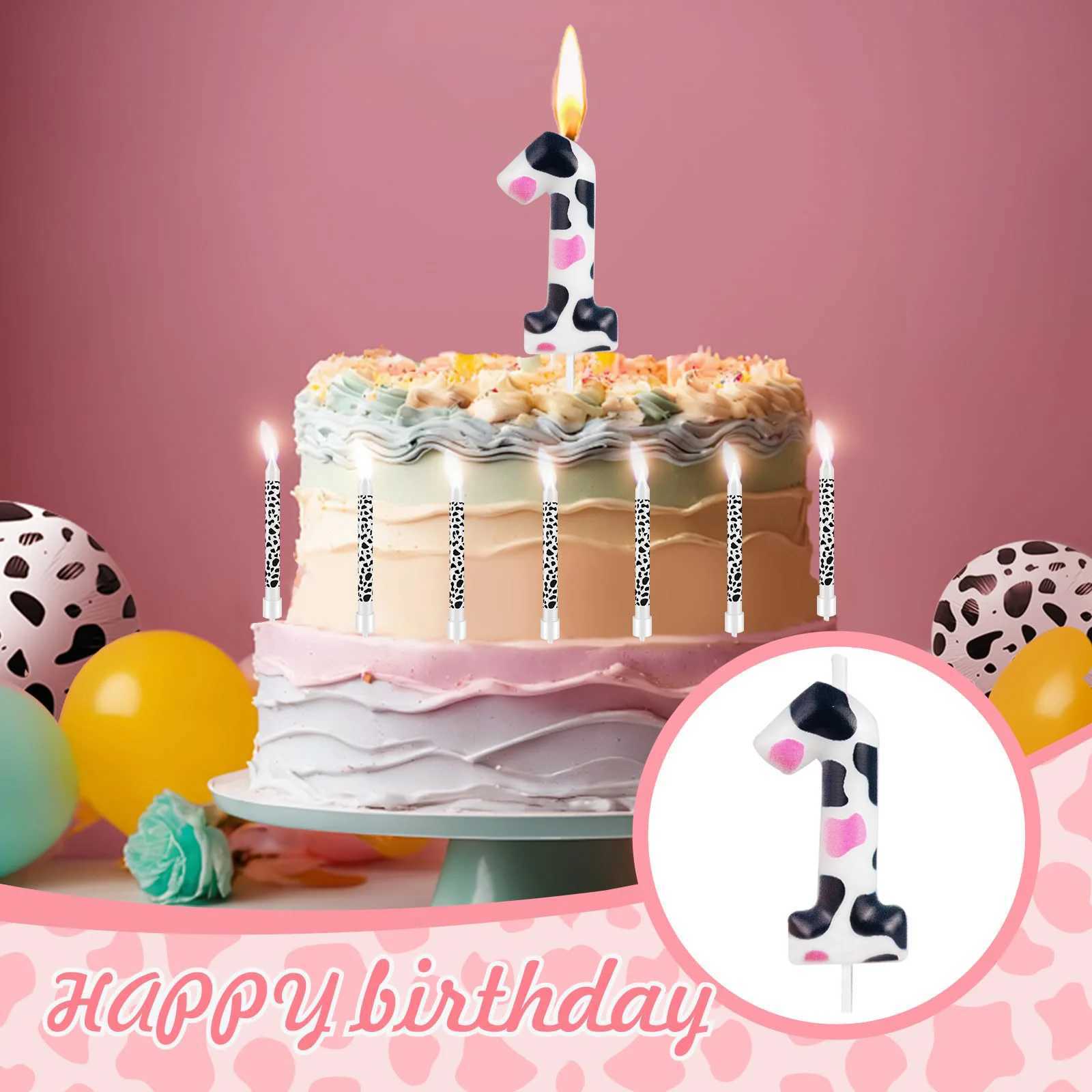1-3rd Birthday Candle Cow Decoration Birthday Party Supplies Birthday Pink White Cow Themed Cake for Kids Boy Girl Party W250704