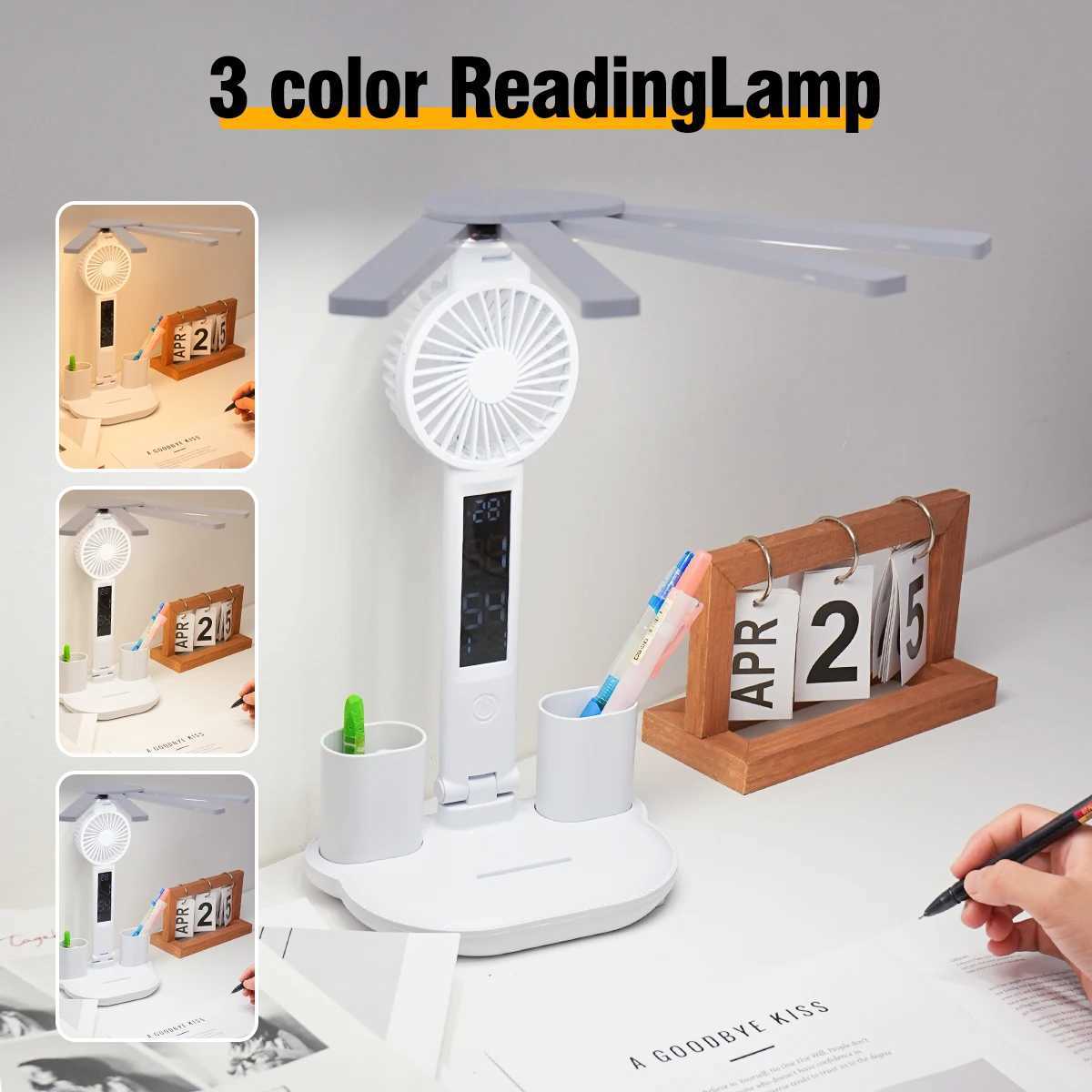 3In1 Multifunctional Desk Lamp LED Desk Lamp Four-Head Folding With Fan Calendar Clock USB Rechargeable Reading Office Desk Lamp XJ250703