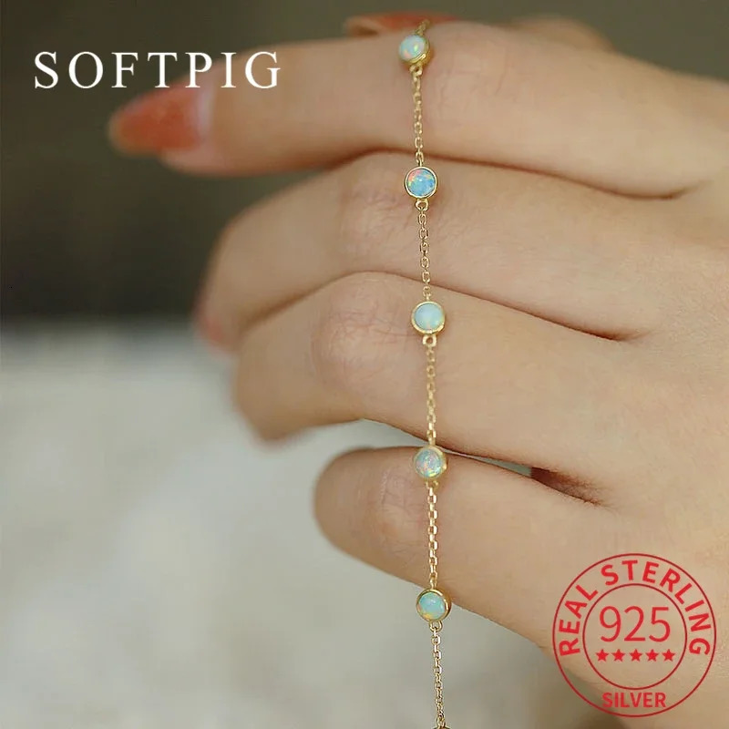 SOFTPIG Real 925 Sterling Silver Round Opal 18K Gold Chain Bracelet For Fashion Women Party Trendy Fine Jewelry Exquisite Gift 250628