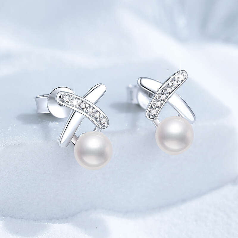 S925 Pure S925ier EarringS925 FreS925hwater Pearl for Women Korean S925tyle X-S925haped D Color MoiS925S925anite S925tudS925 0fd