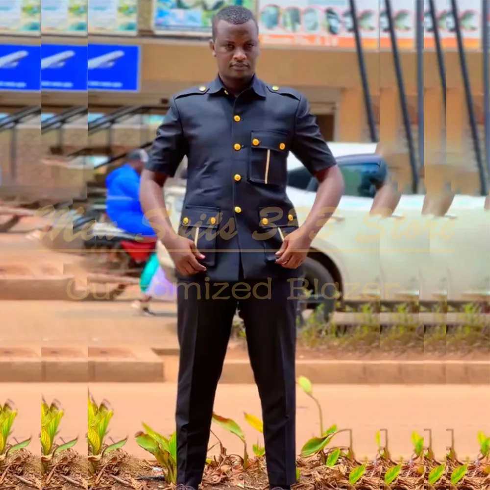 Casual Navy Blue Mens Suits Elegant Single Breasted Stand Lapel Slim Fit Male Clothing High Quality Short Sleeve Balzer Costume X250704