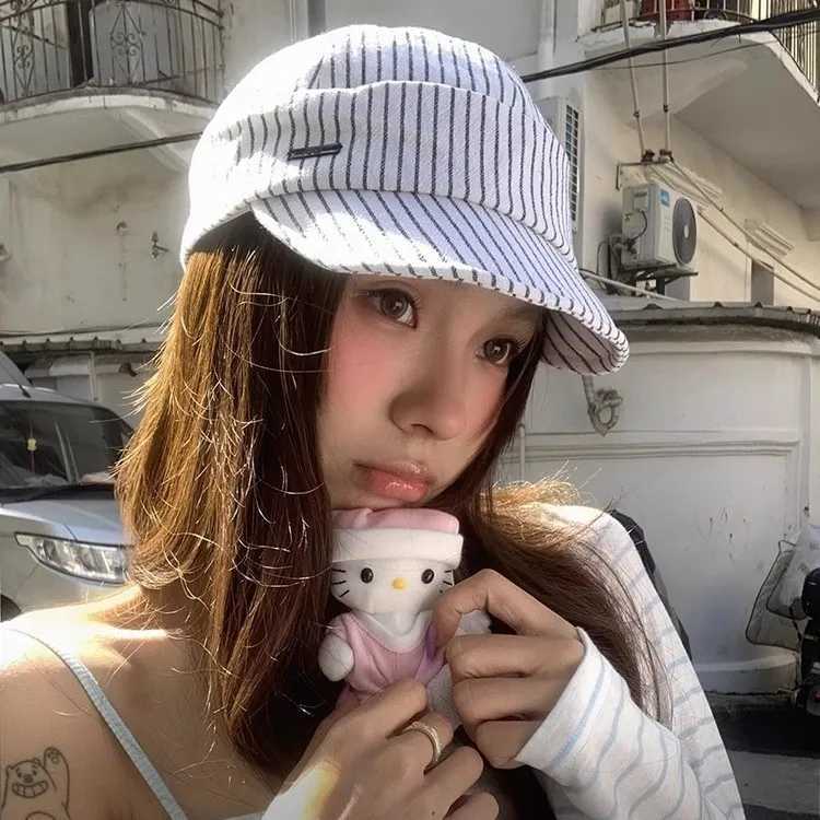 Japanese Retro White Striped Cap Wens Summer Literary and Artistic Face Hat Light and Breathable Sunshade Baseball Cap X250704