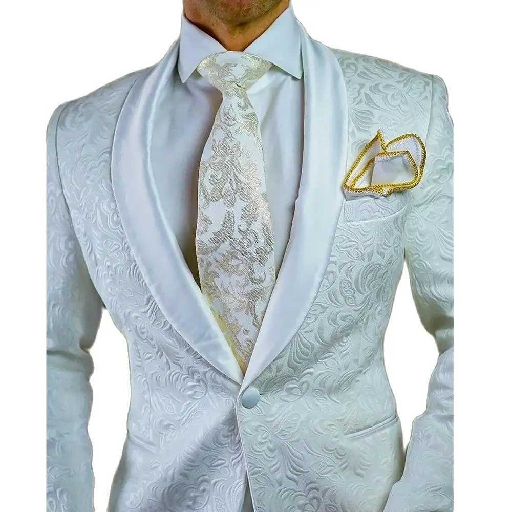 100% Cotton Mens Suits One Button White Jacquard Slim Fit Male Clothing Shawl Lapel Skinny 2 Piece Jacket Pants Outfits Full Set X250704