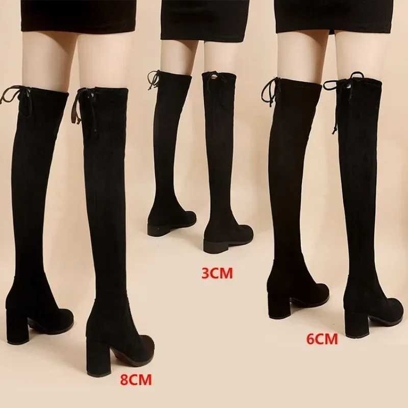 Faux Suede Female Heels Autumn Zipper Elastic Knee-high Boots for Women Tube Lace-up Thigh Gigh Boots Black Botas Mujer Z250704