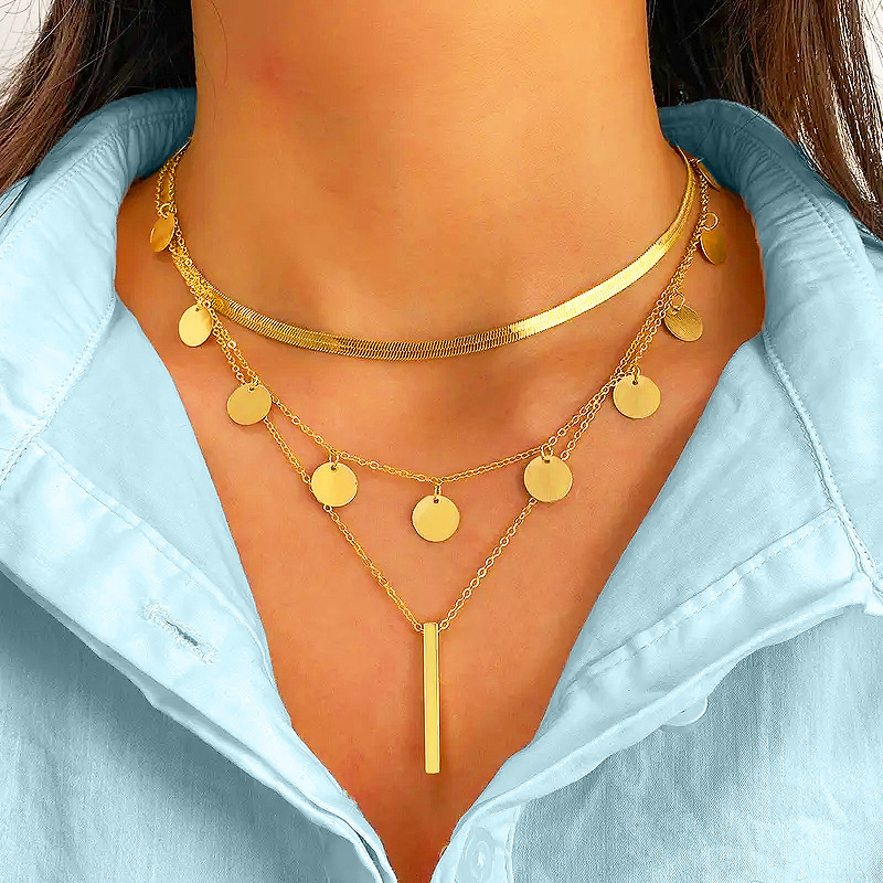 Gold Round Sequin 3D Rectangular Set Snake Bone Chain Layered Pendant Clavicle Necklace Jewelry