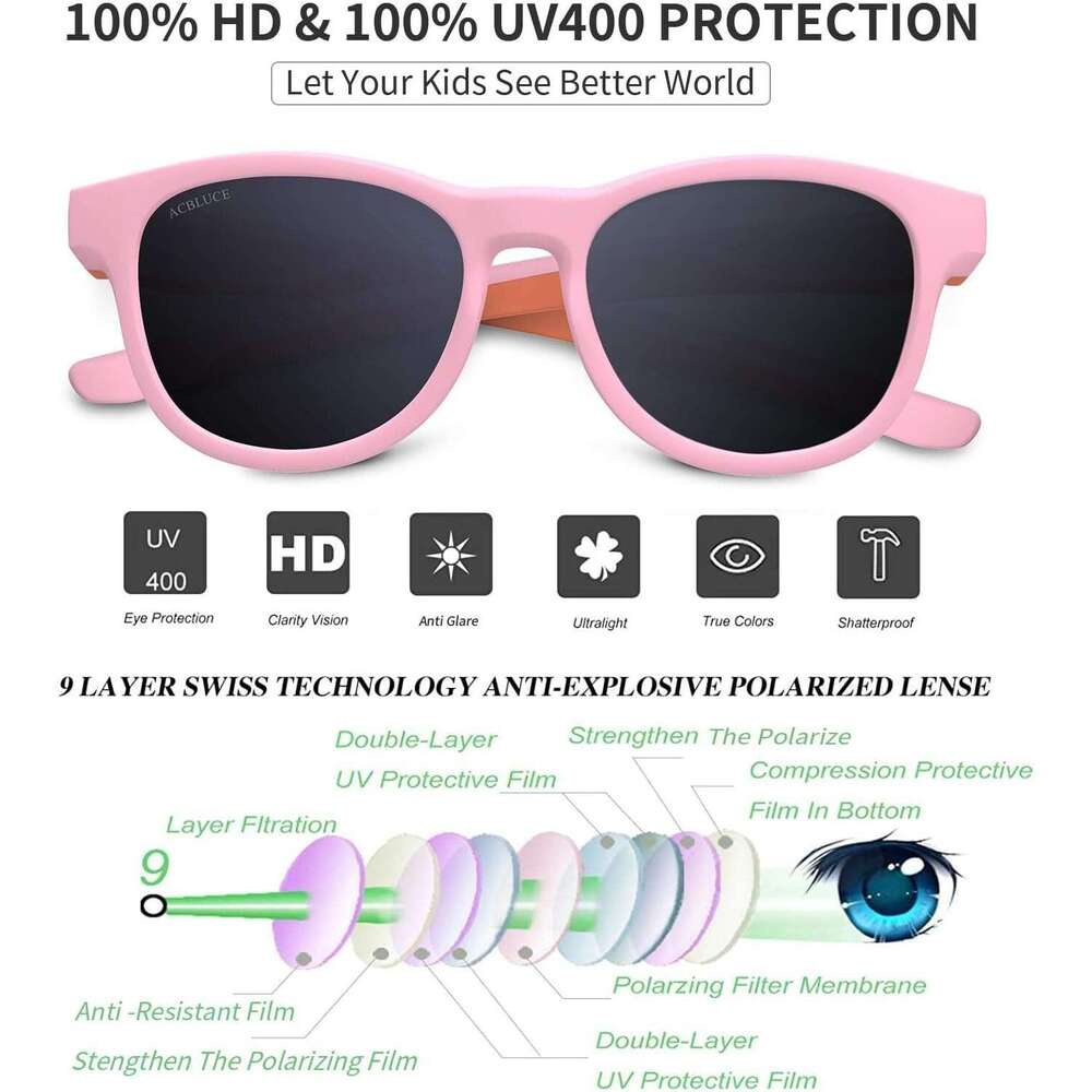Kids Sports 3 Polarized Sunglasses TPEE Flexible Frame with Adjustable Strap for Boys Girls Age 5-13