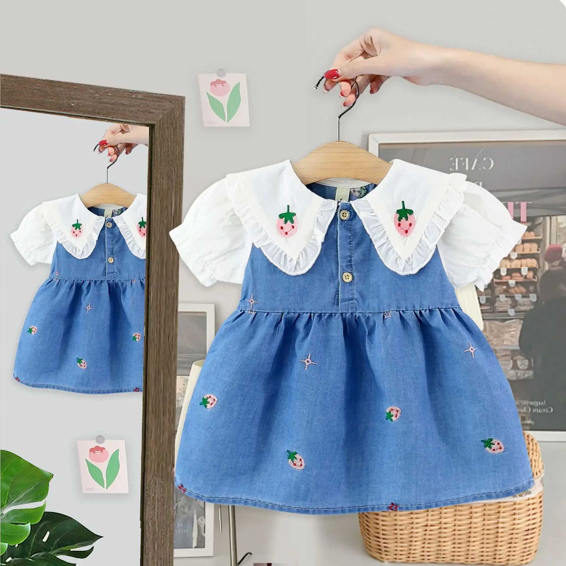Childrens Summer Dress for Baby Girls New Korean Version Strawberry Collar Short Sleeve Denim Skirt Girls Casual Skirt R250704