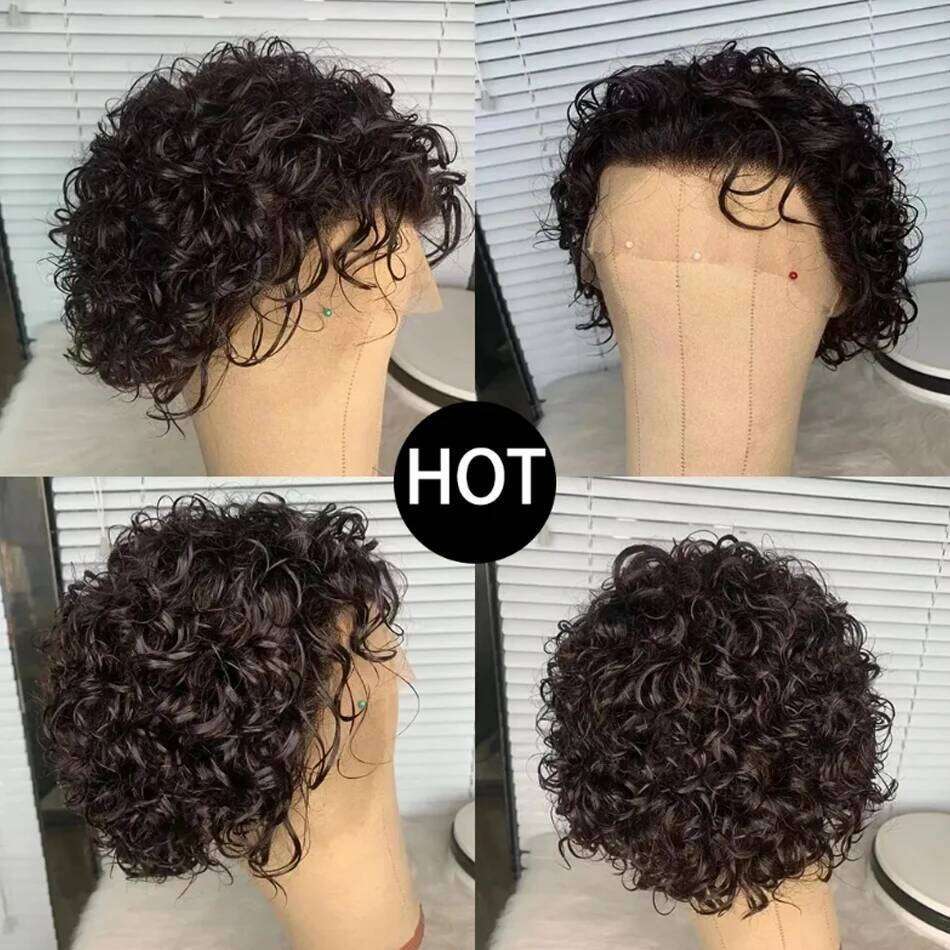 Curly Pixie Cut Water Curl Short Bob Human For Women 13X1 Transparent Lace Hair Cheap Wig Pre Plucked