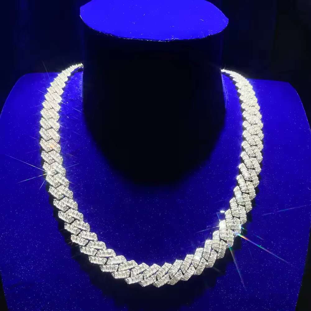 Hip Hop Chunky Bling Full Rhinestone Chain Baguette 12mm Moissanite Cz Diamond White Gold Cuban Link Chain