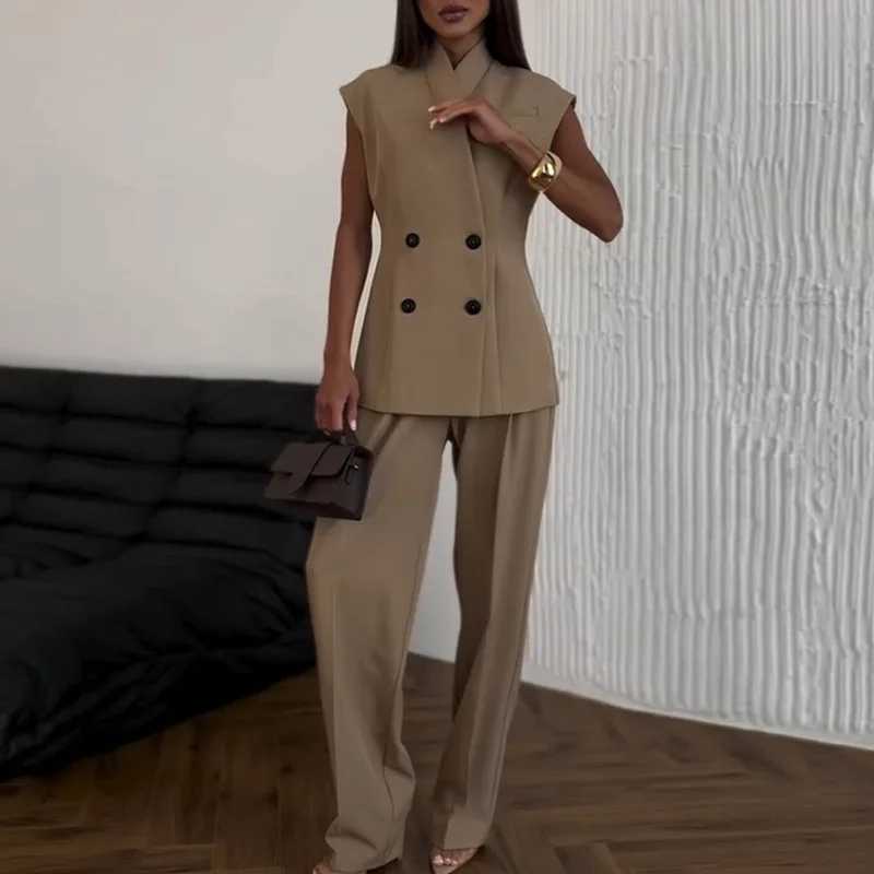 DriftWear 2025 Summer Double Breasted Waisted Vest Top High Waisted Pants Set 2pcs Set Slveless Vest Tops Wide Leg Pant Suits X250704