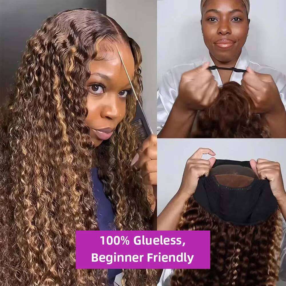 Highlight Ombre 13x4 Ready To Wear Honey Colored 7x5 Deep Wave Glueless Wig Pre Cut Curly Human Hair Wigs