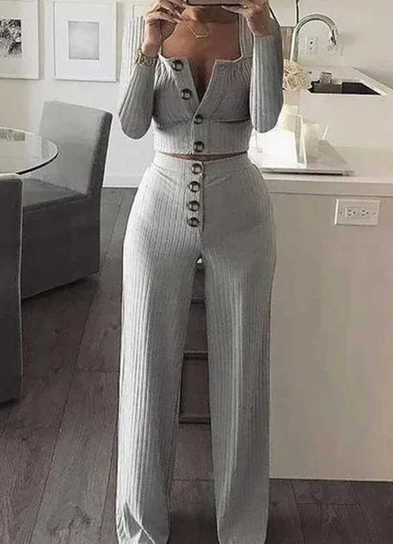 Two Piece Set Women Outfit 2023 Spring Fashion Square Neck Long Slve Casual Short Cardigan Top Buttoned Casual Pants Suit X250704