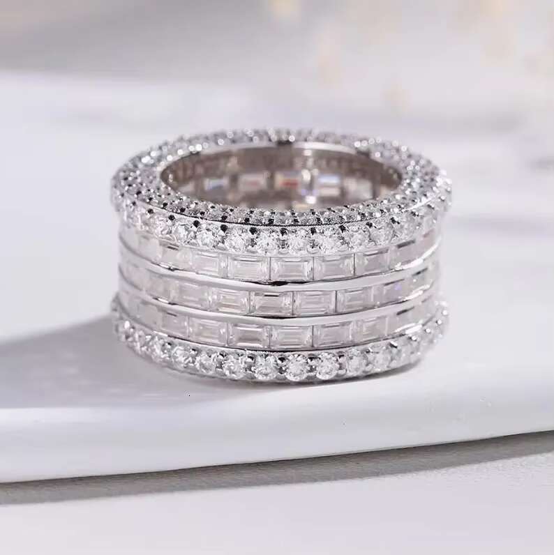 Shine Jewelry Double Layer Moissanite Diamond Hip Hop Ring Pass Diamond Tester VVS 925 Sterling Silver Moissanite Mens Ring