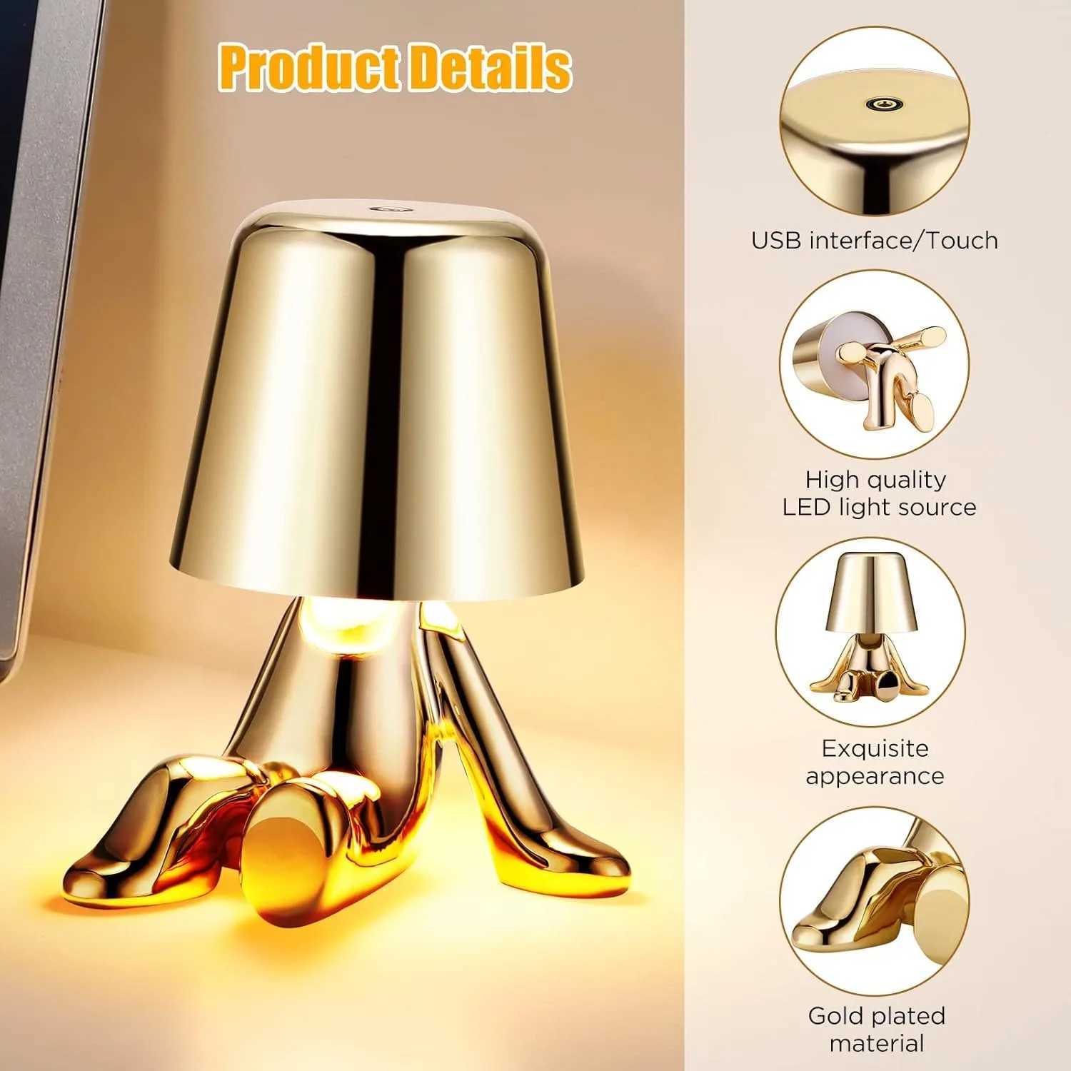 Bedside Touch Table Lamp Creative Small Silver Man Decorative Thinking Man Statue LED Table Lamp USB Rechargeable 3 Levels BriXJ250703