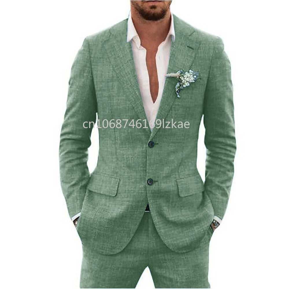 2024 Linen Suiting Fabric Full Mens Suit Lapel Collar Single-breasted 2 Piece Set Elegant Mens Suits High Quality Blazer X250704