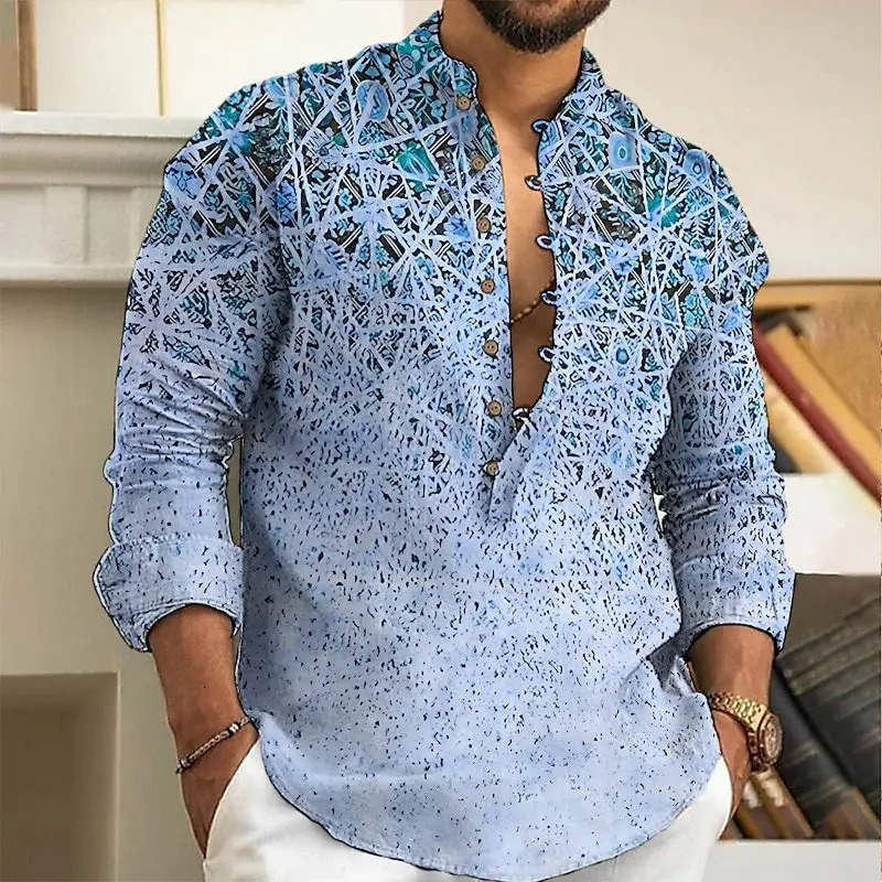 2025 Mens Art Printed Fashion Spring And Summer Long Sleeved Linen Shirt Button Comfortable Fabric Street Trend Roupa Masculina 250704