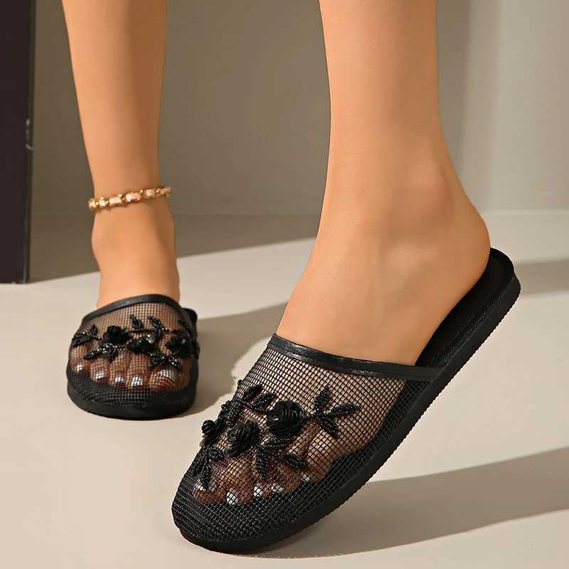2025 Hot Sale Shoes for Women Baotou Womens Slippers Fashion Crystal Floral Daily Slippers Women New Mesh Flat Slippers Zapatos W250704