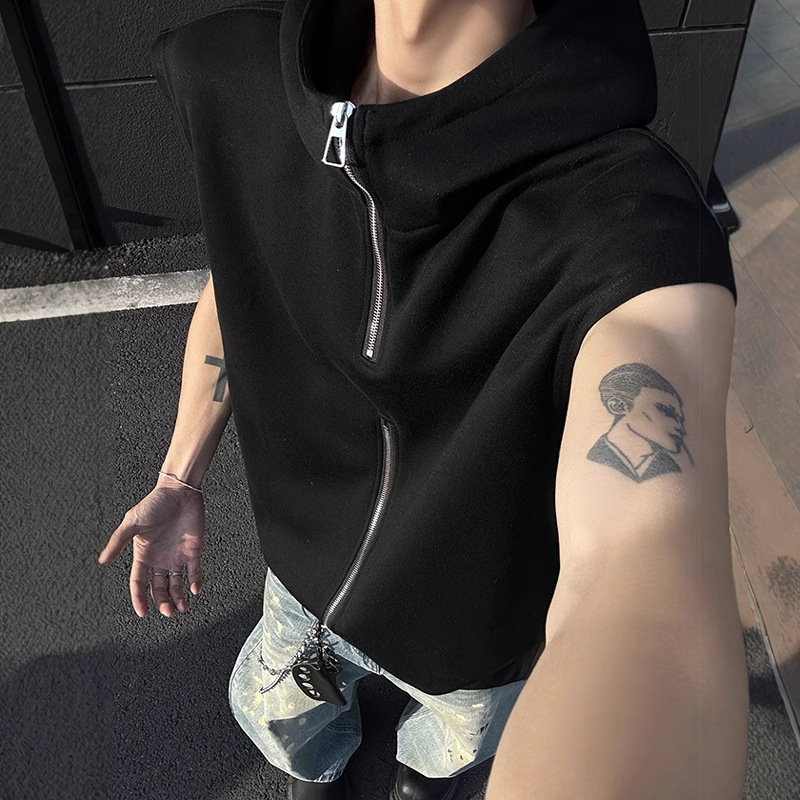 Double Zipper Designer Short Sleeves High-end Design V-neck Solid Color Hooded Men's Slogan Vest Summer Unisex Youthful Trendy Jacket
