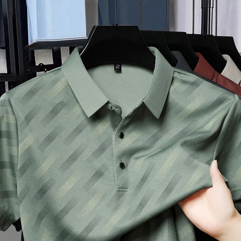 Summer Mens Casual Fashion High-end Lapel Ice Silk Polo Shirt Dad Outfit 250704