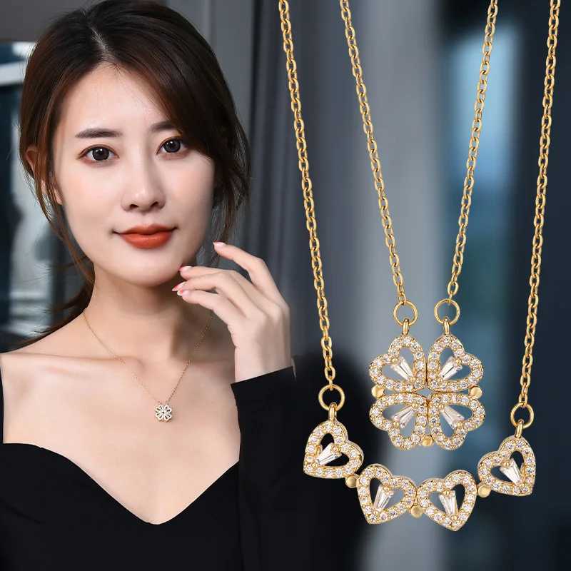 Versatile Four-Leaf Clover Necklace with Multiple Heart-Shaped Collarbone Chains That Wont Fade When Opened and Closed Y250704