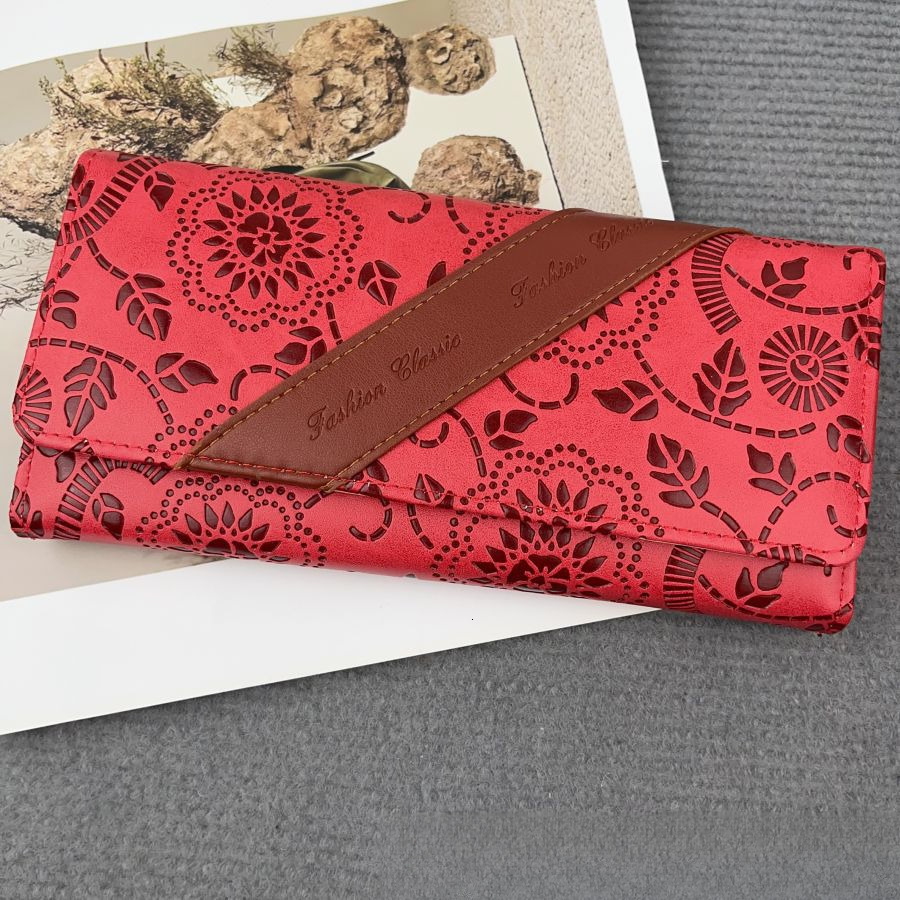 Free Shipping Designer Bag Women's Long Wallet Premium Leather Embossed Retro Chinese Style Clutch Fashion Simple Color Block
