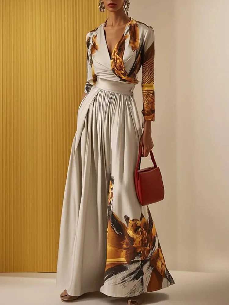Fracy Womens Elegant One-piece Suit Printed Dp V-neck Long Slves Jumpsuit 2025 Elastic High Waist Wide Leg Jumpsuits X250704
