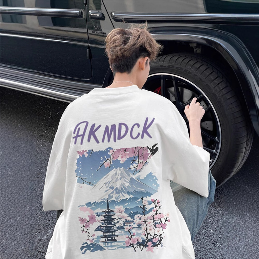 Mount Fuji Print Round Neck Short Sleeve T-Shirt for Men Designer short sleeves 2025 Summer Thin American High Street Fashion Brand Five-Sleeve Couple