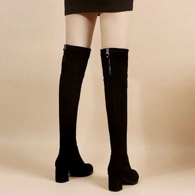 Faux Suede Female Heels Autumn Zipper Elastic Knee-high Boots for Women Tube Lace-up Thigh Gigh Boots Black Botas Mujer Z250704