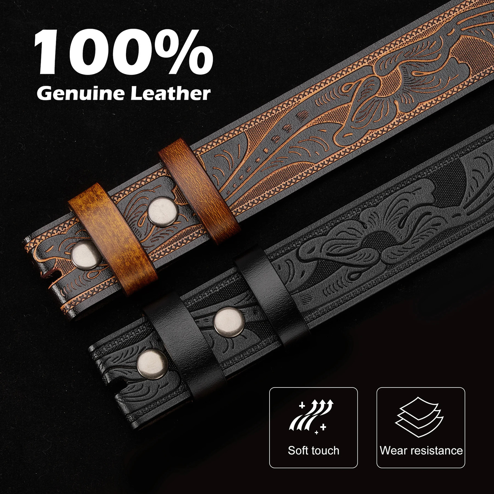BISON DENIM Mens Belt Western Embossed Genuine Leather Men Cowboy Belts With Longhorn Bull Buckle Pattern Floral Belt For Men 250701