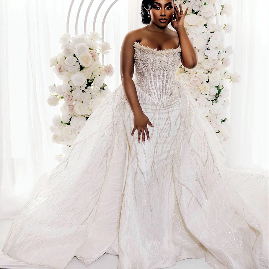 2025 Arabic Aso Ebi Ivory Lace Mermaid Wedding Dresses Beaded Pearls Detachable Train Sequined Lace Satin Bridal Gowns Dresses