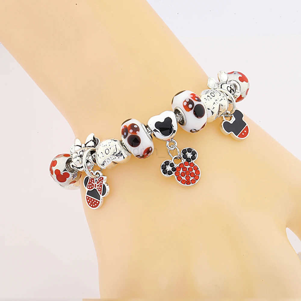 DISNEY Classic Red Enamel Heart Mickey Minnie Charm Bracelet for Women Girl Boy Gift Silver Color Cartoon Animal Disney Beads Bracelets W20250704
